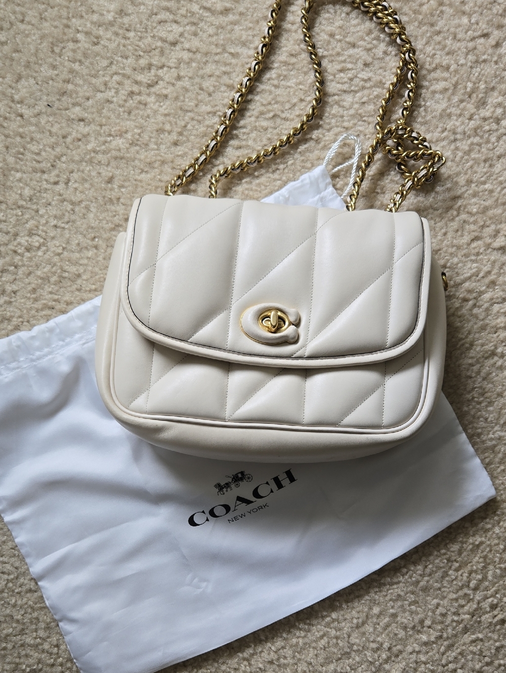 Coach Quilted Cream Shoulder Bag with Gold Chain Strap